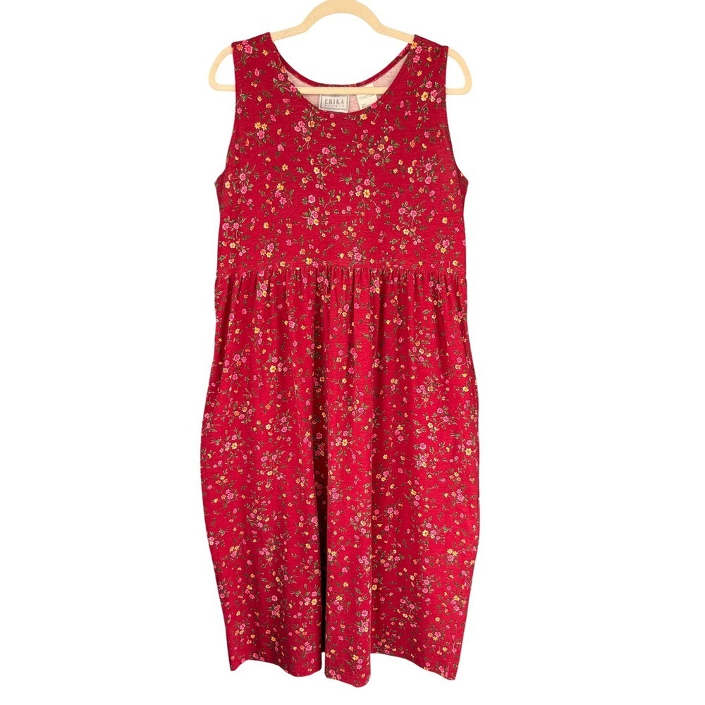 T10 1990s Vintage Erika‎ Studio Red Floral Sleeveless Sun Dress Cottagecore